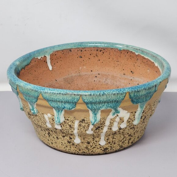 Handmade Clay Pottery Drip Glaze Bowl Turquoise & Speckled Tan Pottery - Picture 1 of 11